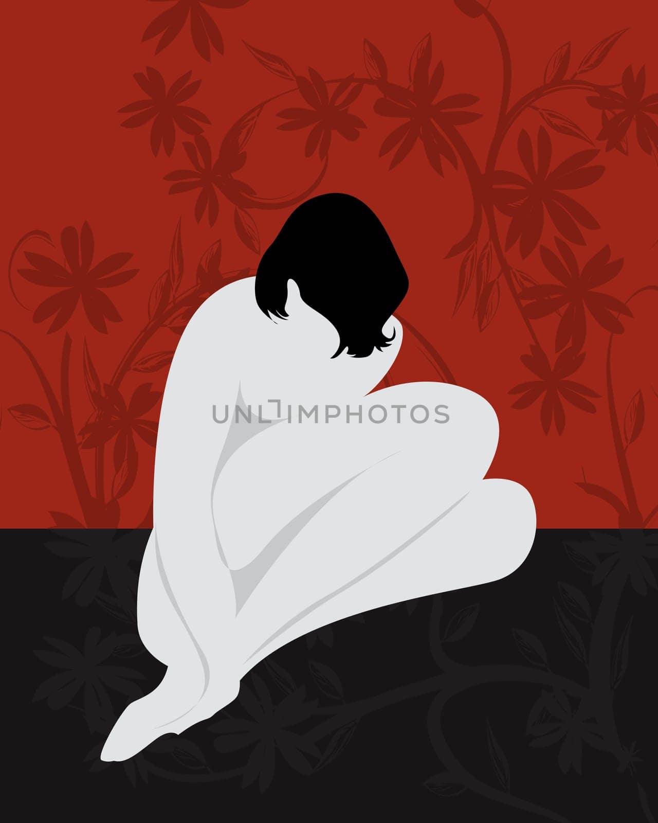 Stylized nude girl sitting, abstract art