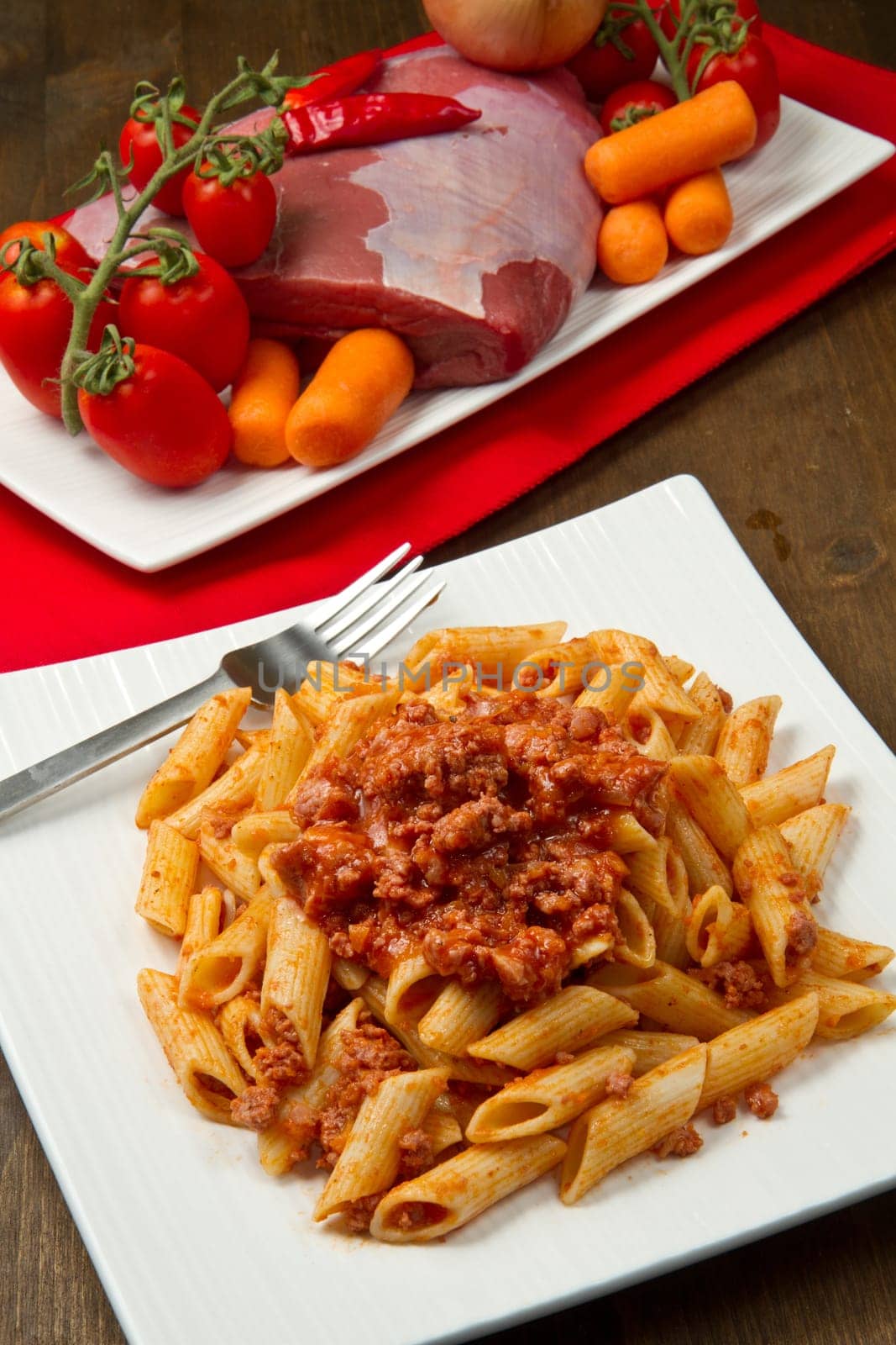 Rigatoni pasta with a tomato beef sauc