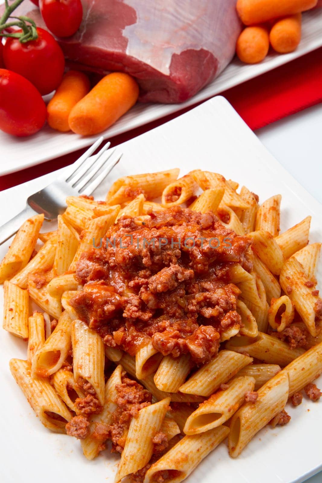 Rigatoni pasta with a tomato beef sauc