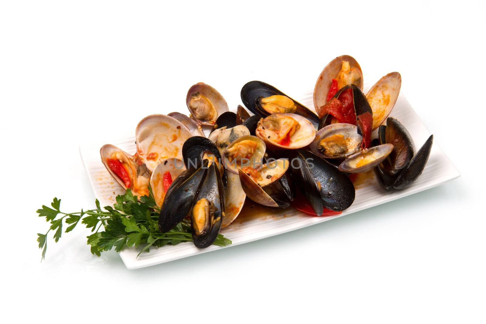 a dish  with mix of mollusk