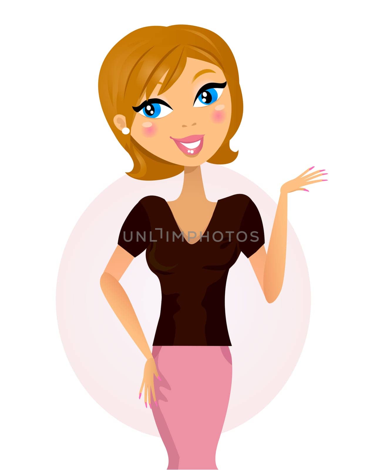 Happy smiling woman explaining something with hand. Vector Illustration