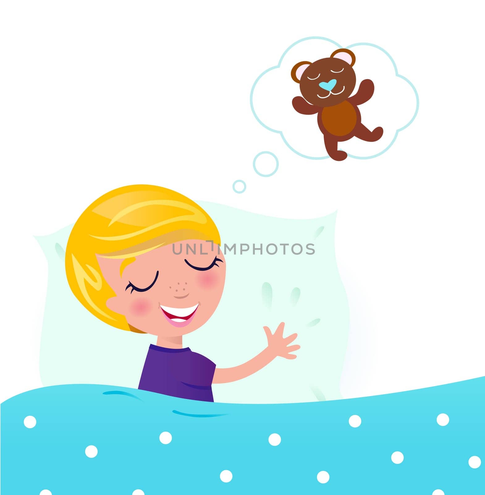 Little cute boy dreaming about new toy. Vector cartoon Illustration isolated on white.