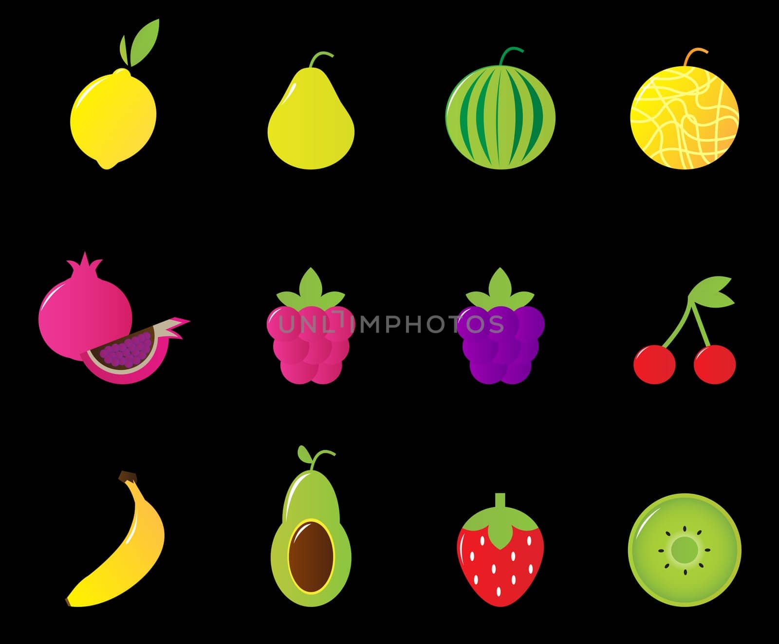 Fruit icons Vector collection isolated on black - including lemon, melon, pear, strawberry, avocado, banana, kiwi etc.