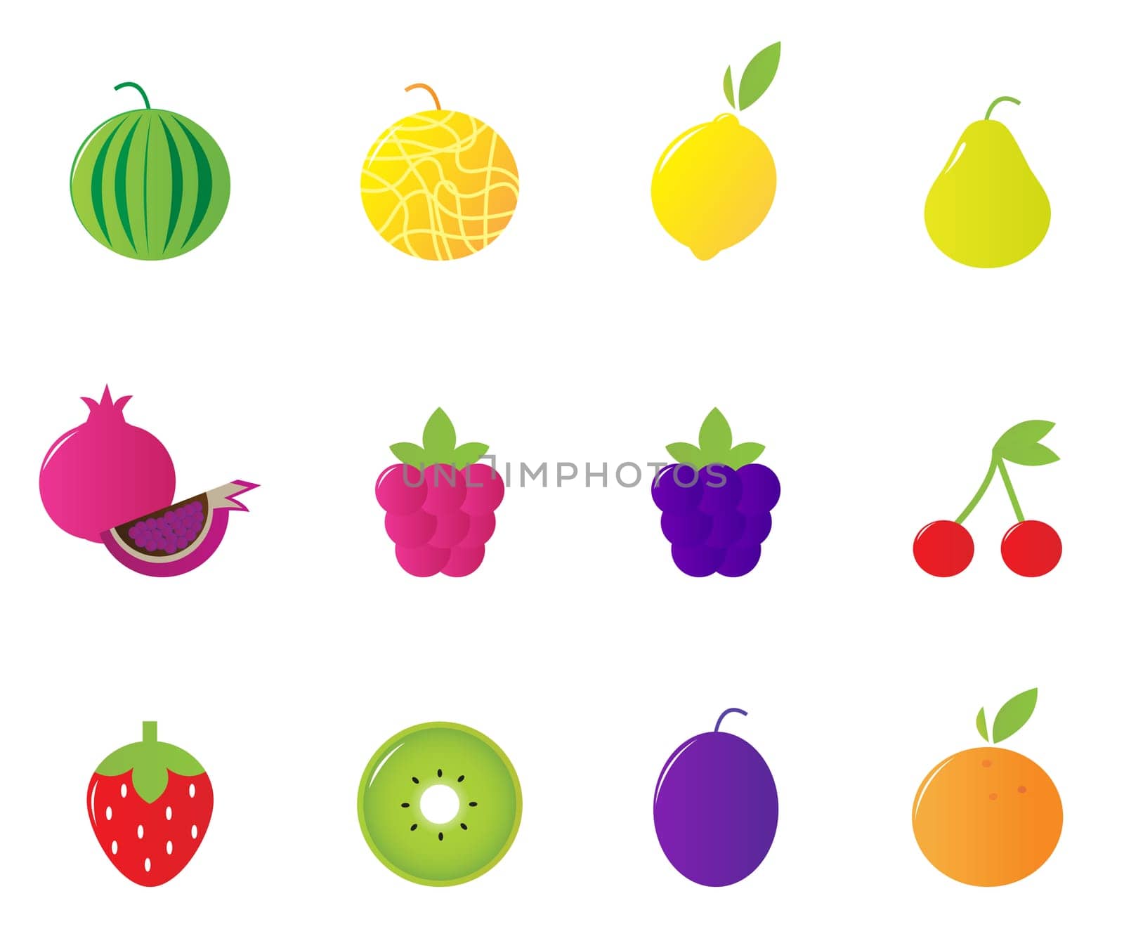 12 fruit and berries cute icons collection. Vector Illustration.