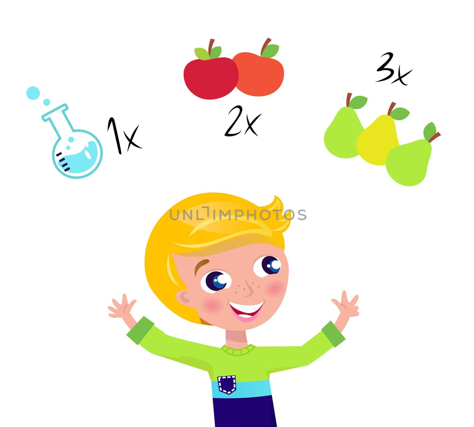 Little cute math child counting fruit. Vector Illustration.