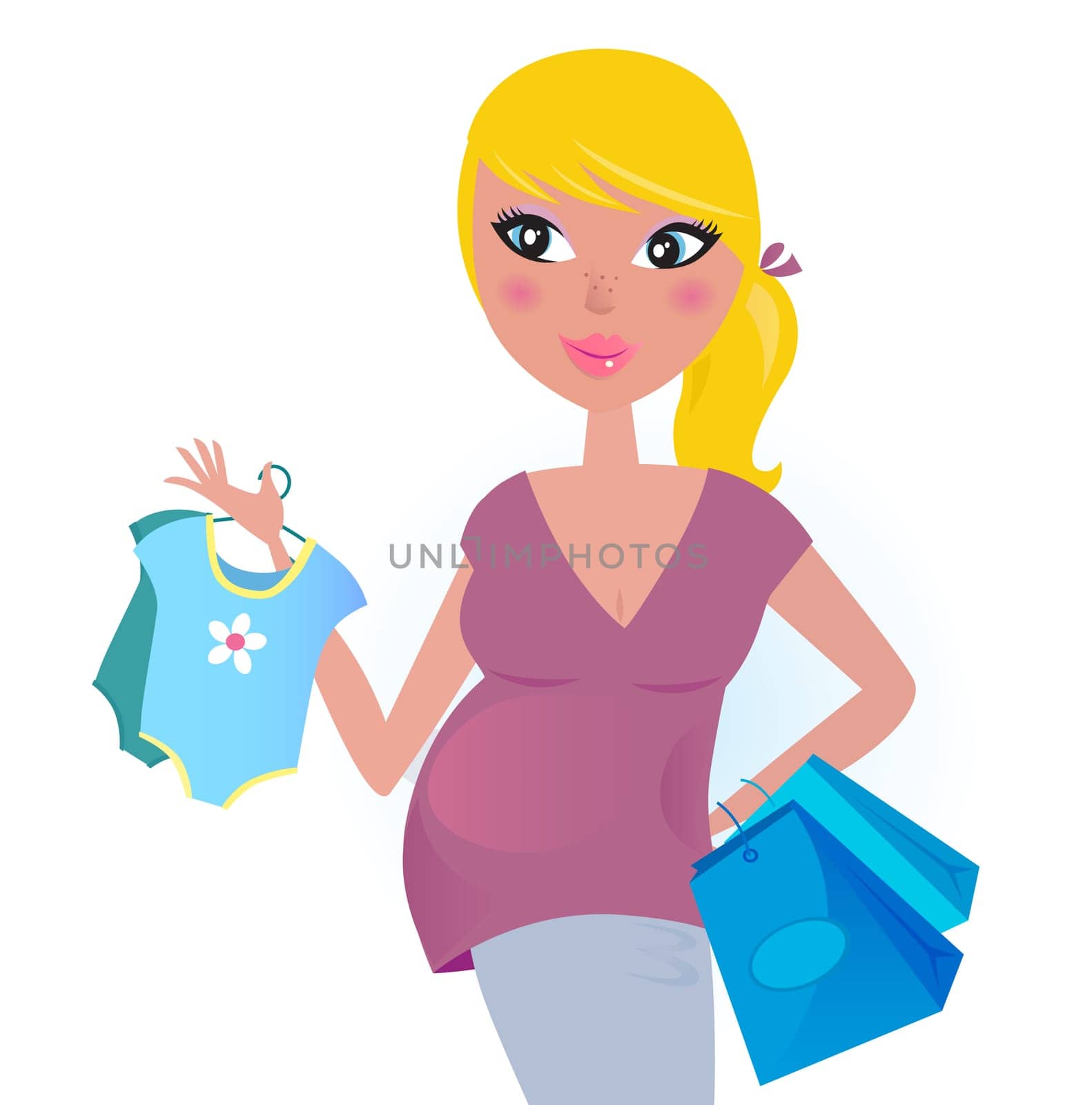 Blond hair mom with blue shopping bags. Vector Illustration.