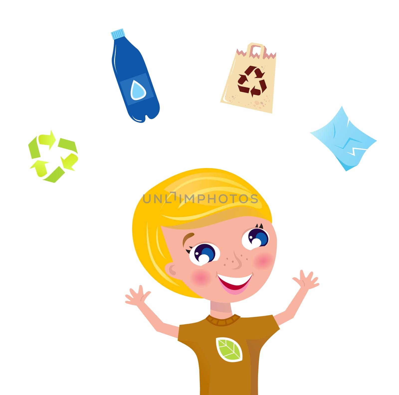 Boy juggling with pet bottle, recycle sign, paper and eco bag. Vector Illustration.