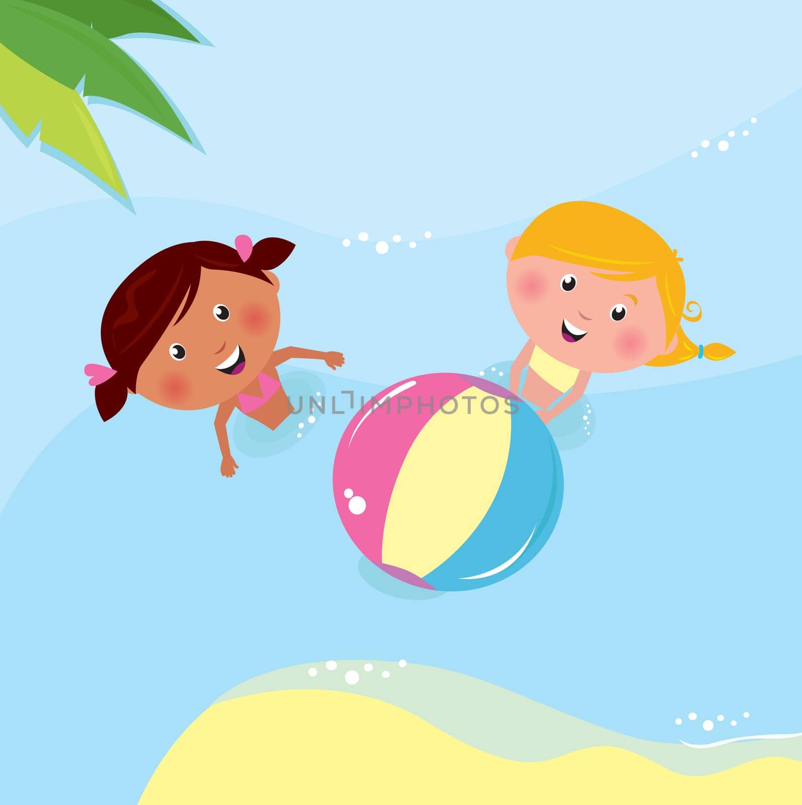 Happy children in the sea. Vector Illustration.