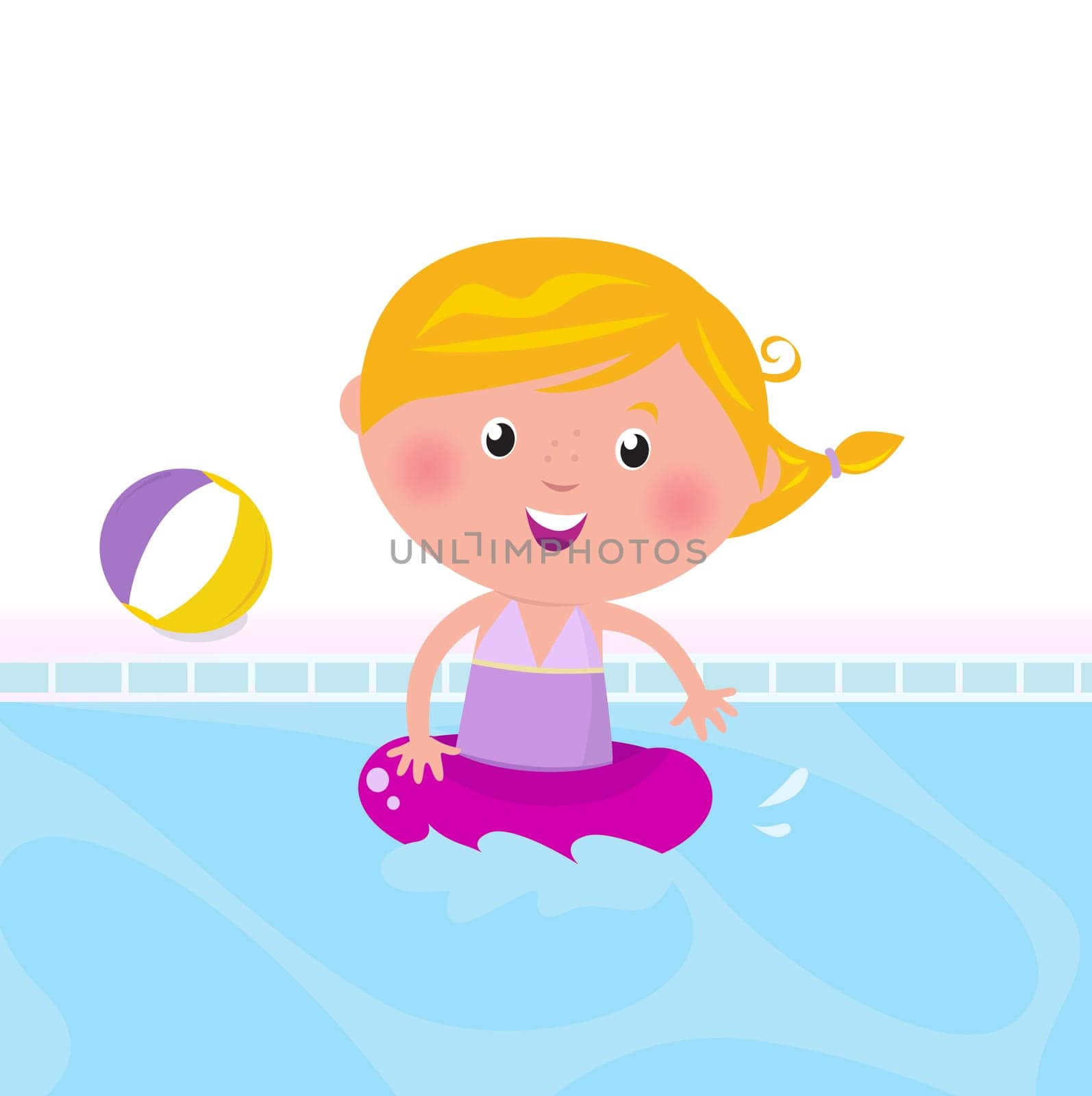 Cute child in swimming pool. Vector Illustration.