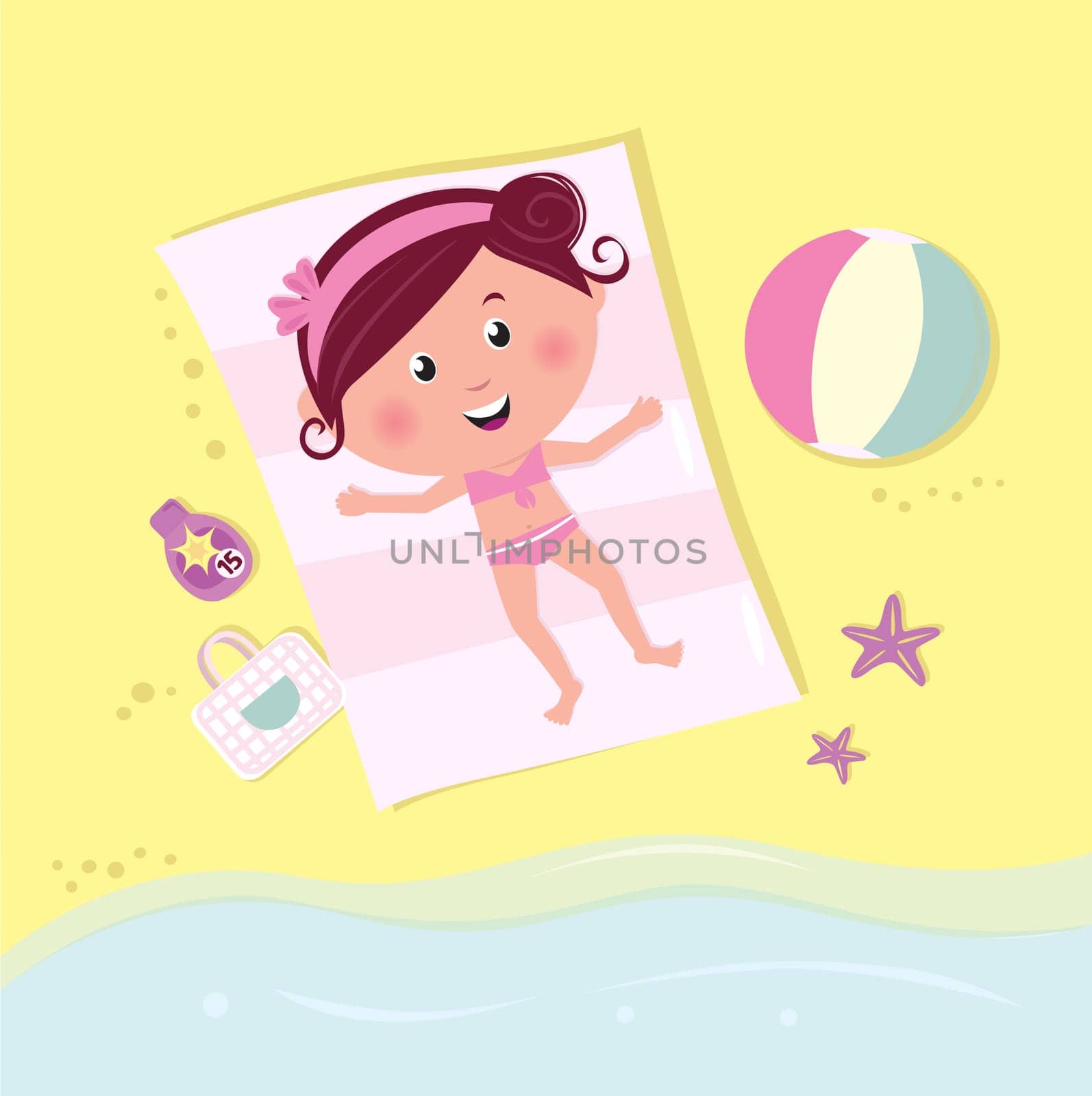 Brown - hair romance girl taking sun bath. Vector Illustration.
