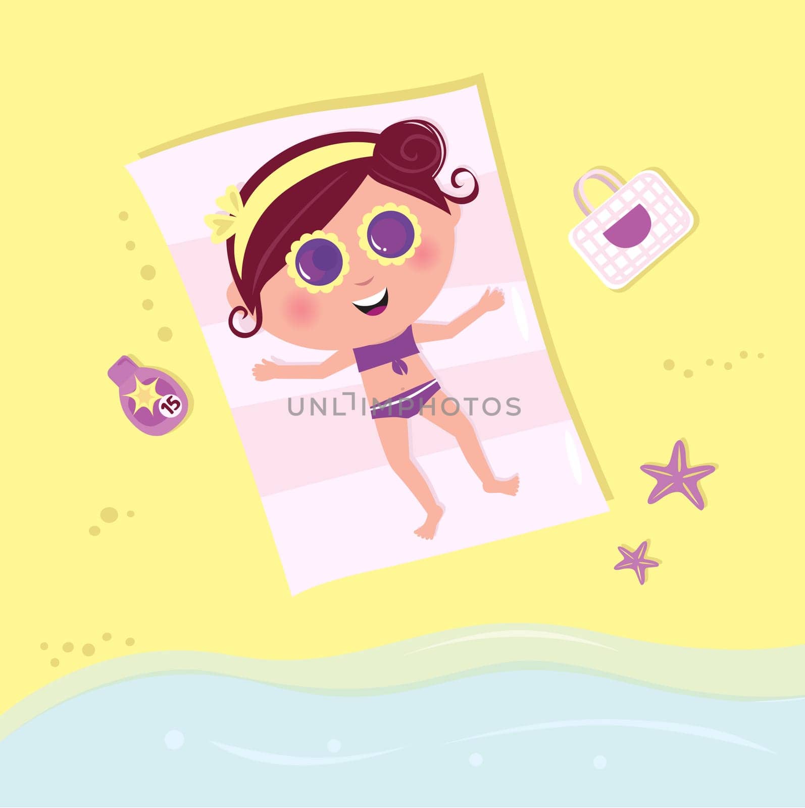 Summer &amp  vacation: babe sunbathing on beach. Vector Illustration.
