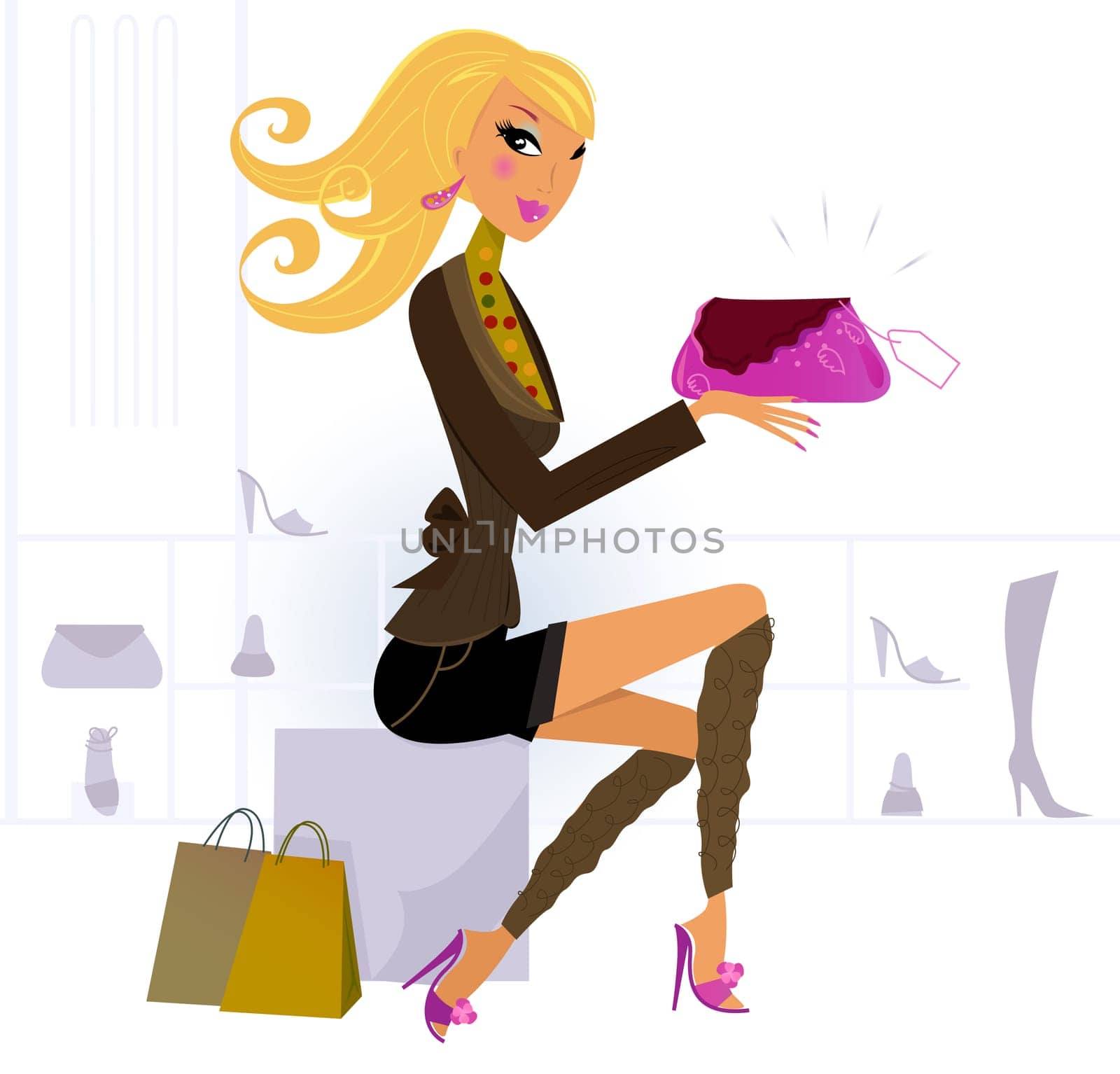 Vector Illustration of shopping blond hair woman.