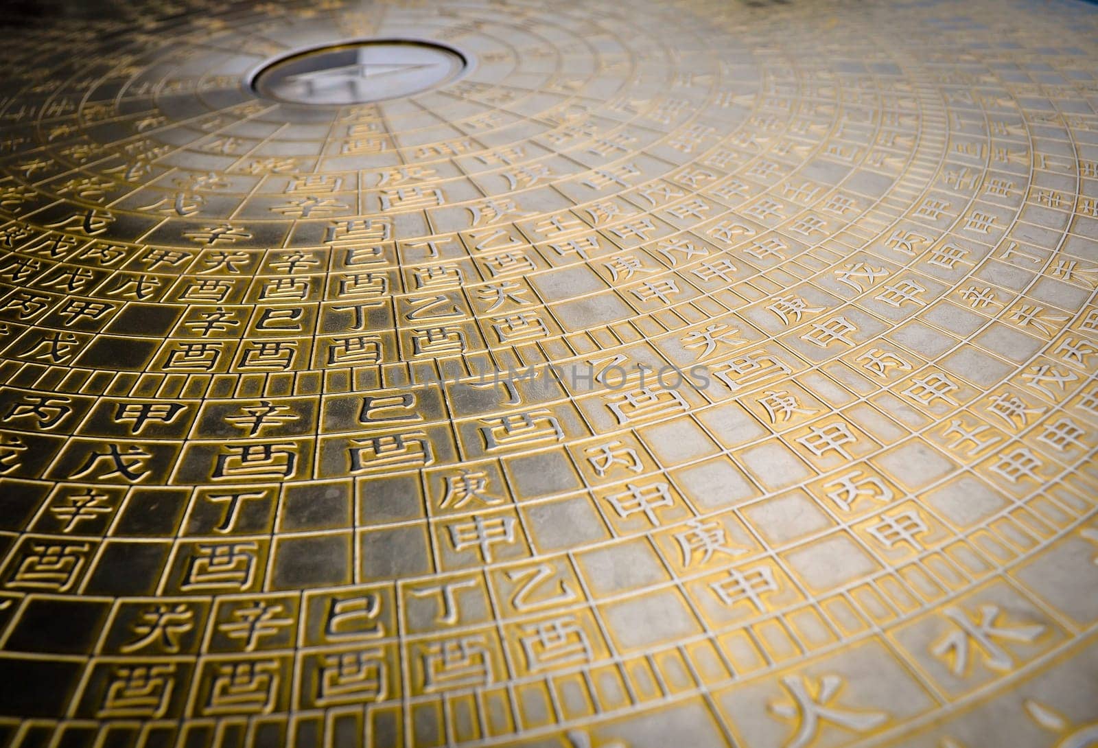 A metal chinese zodiac dial near a buddhist temple