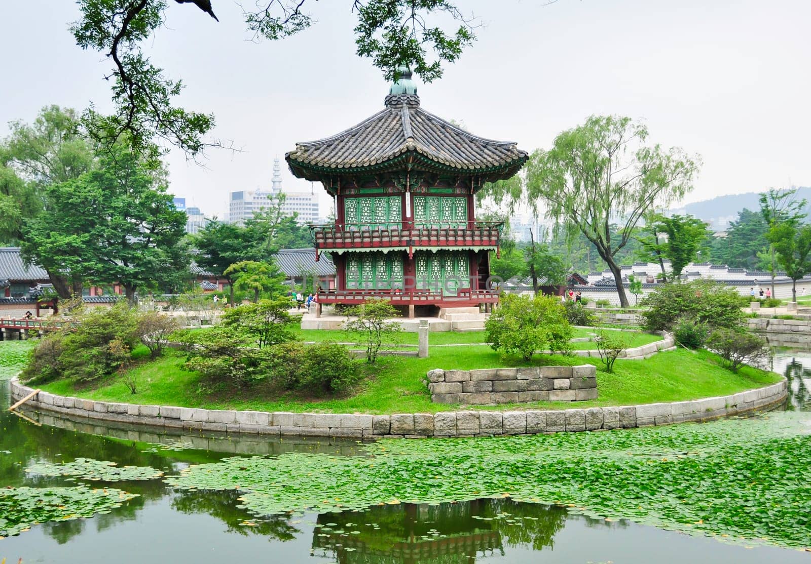 A chinese style pagoda in a buddhist garden in Seoul, Korea