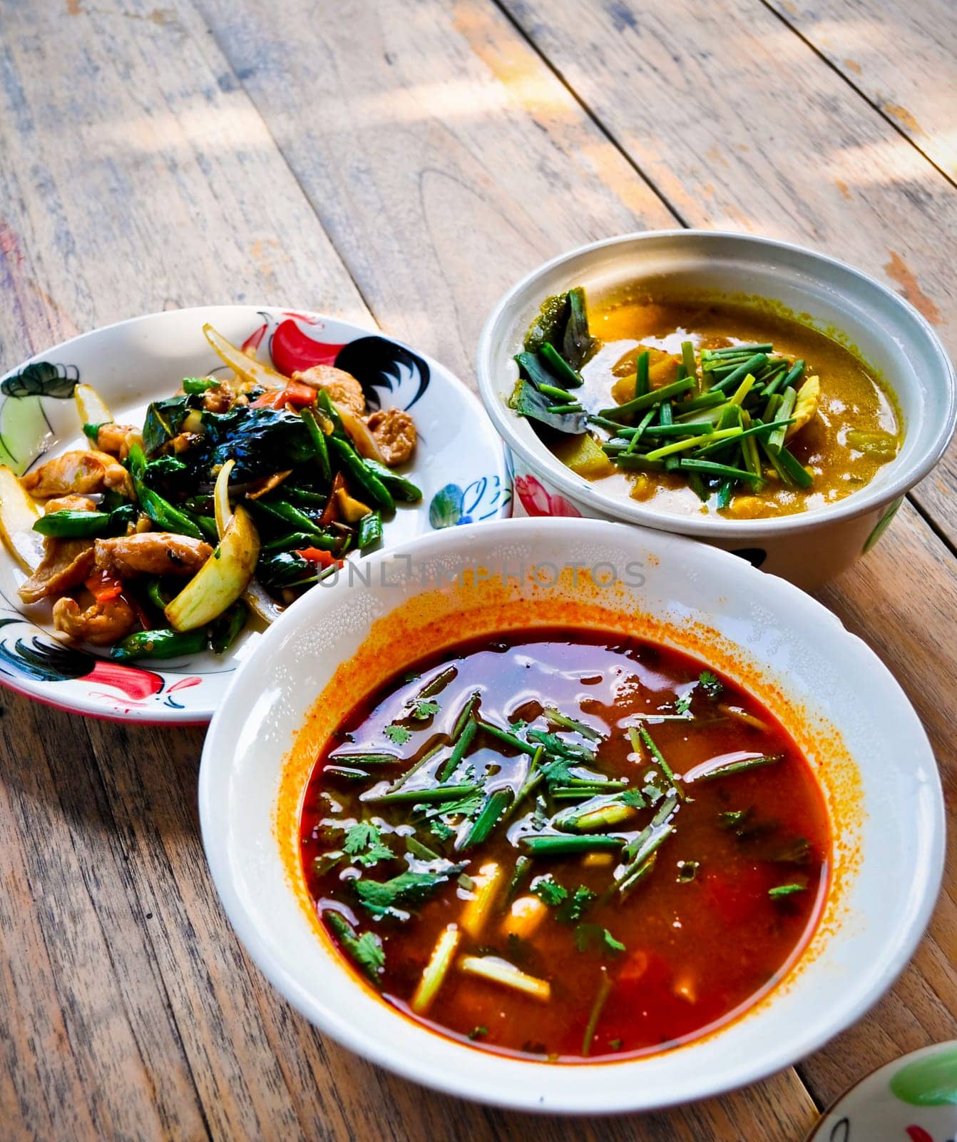 Curry, Tom Yum soup, and stir-fry from a cooking school in Thailand