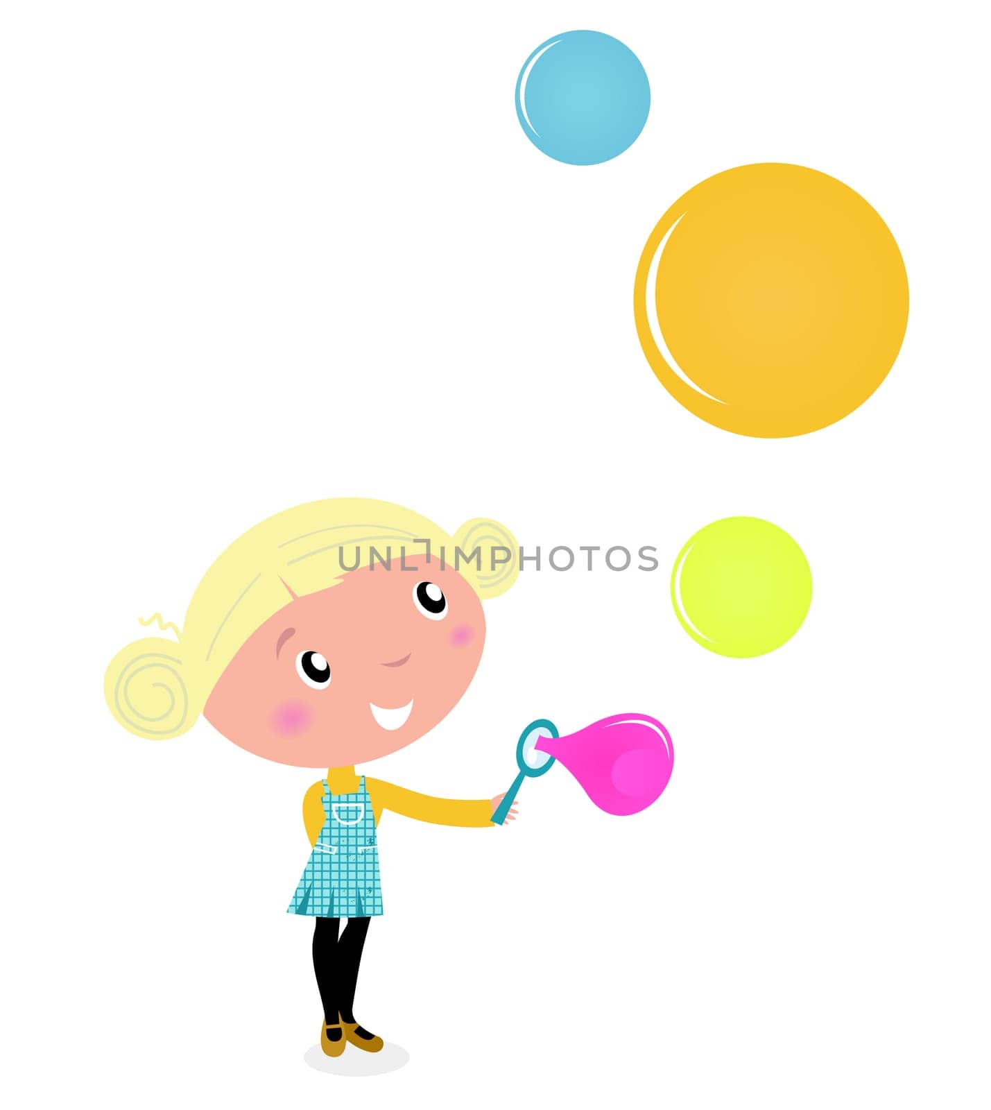Cute cartoon Child with Colorful Soap Bubbles - vector Illustration.