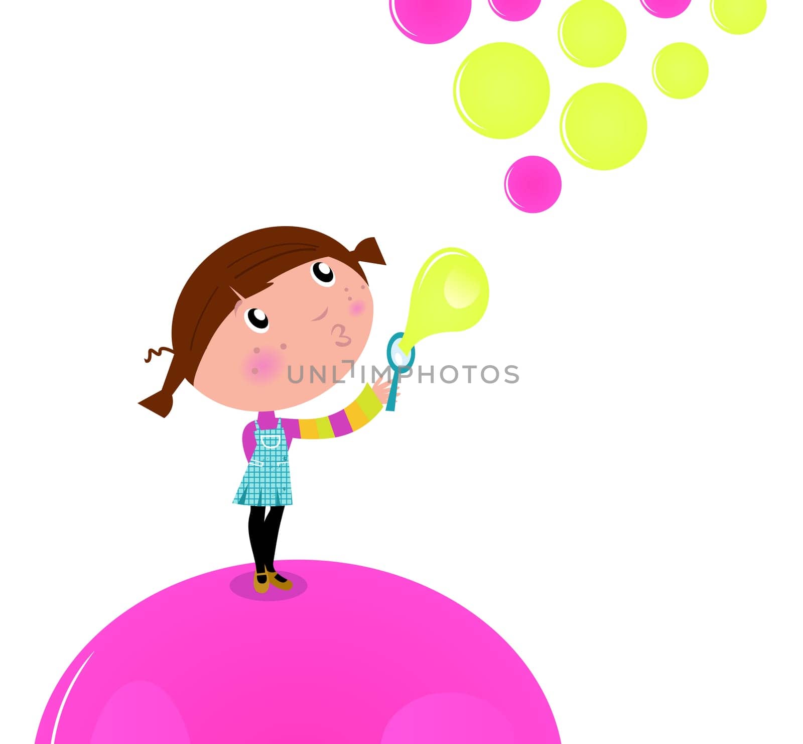 Lovely little Girl blowing Soap bubbles in the Air. Vector cartoon Illustration.