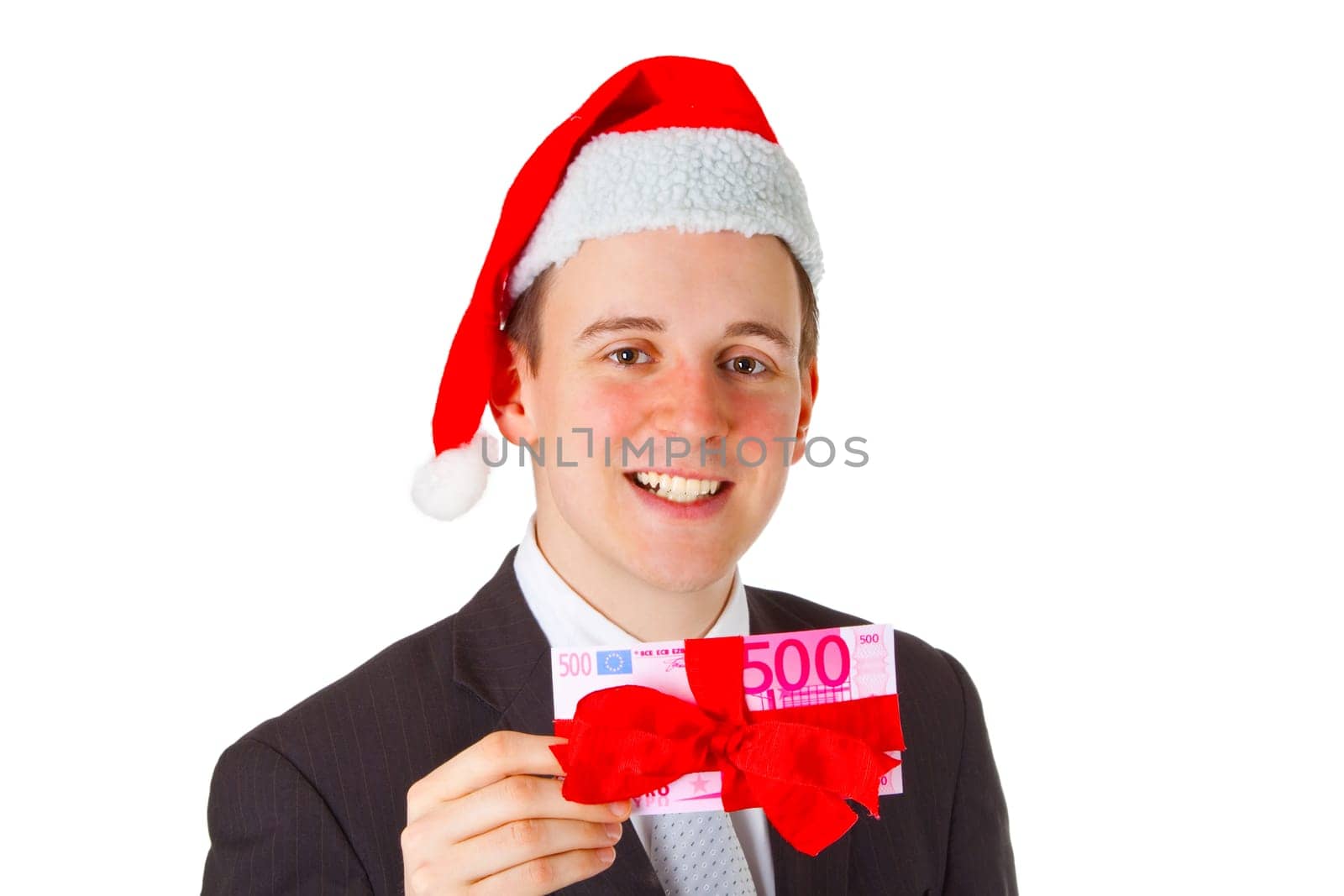 Businessman with money gift isolated on white background