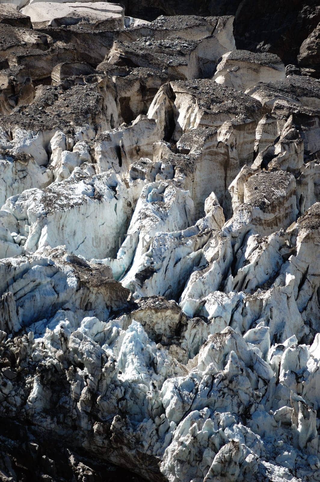 Closeup of mountain glacier, ice and stones
