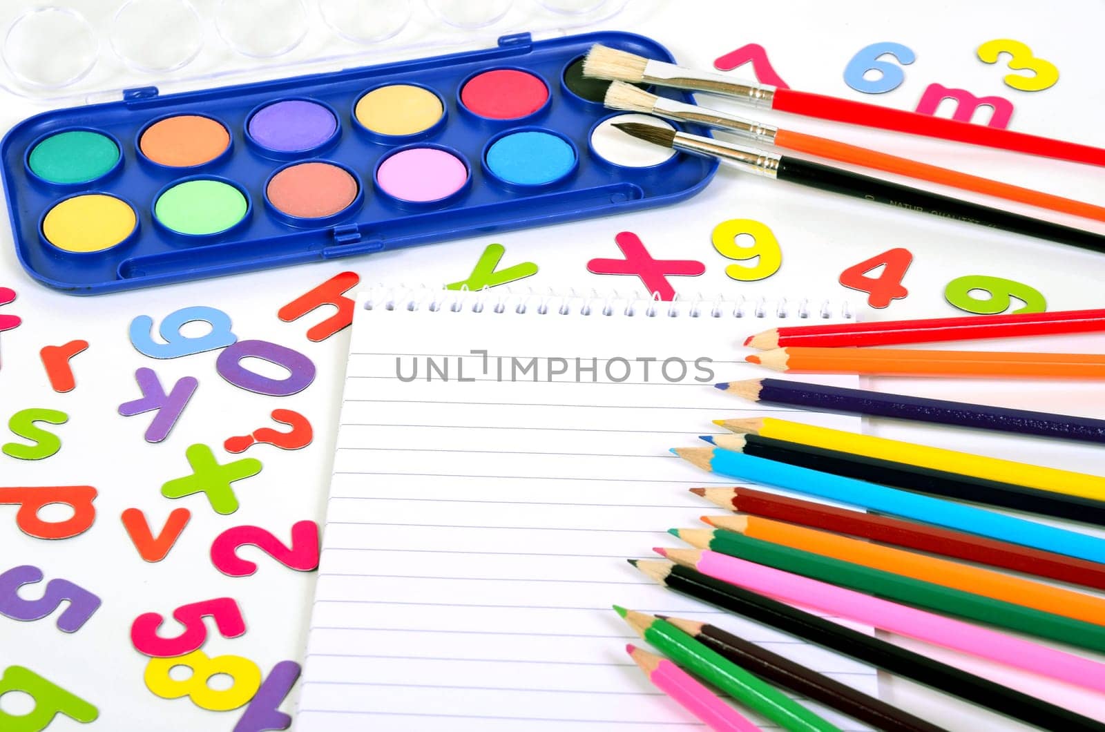 School Brushes Letters Numbers Pens Colorful