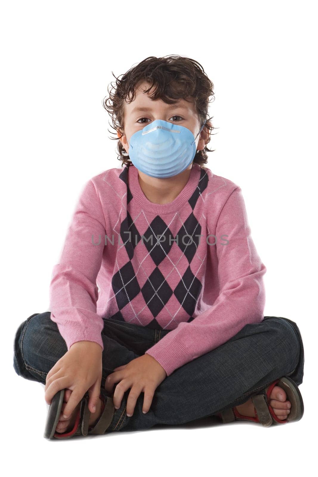 Child infected with influenza A and mask isolated over white
