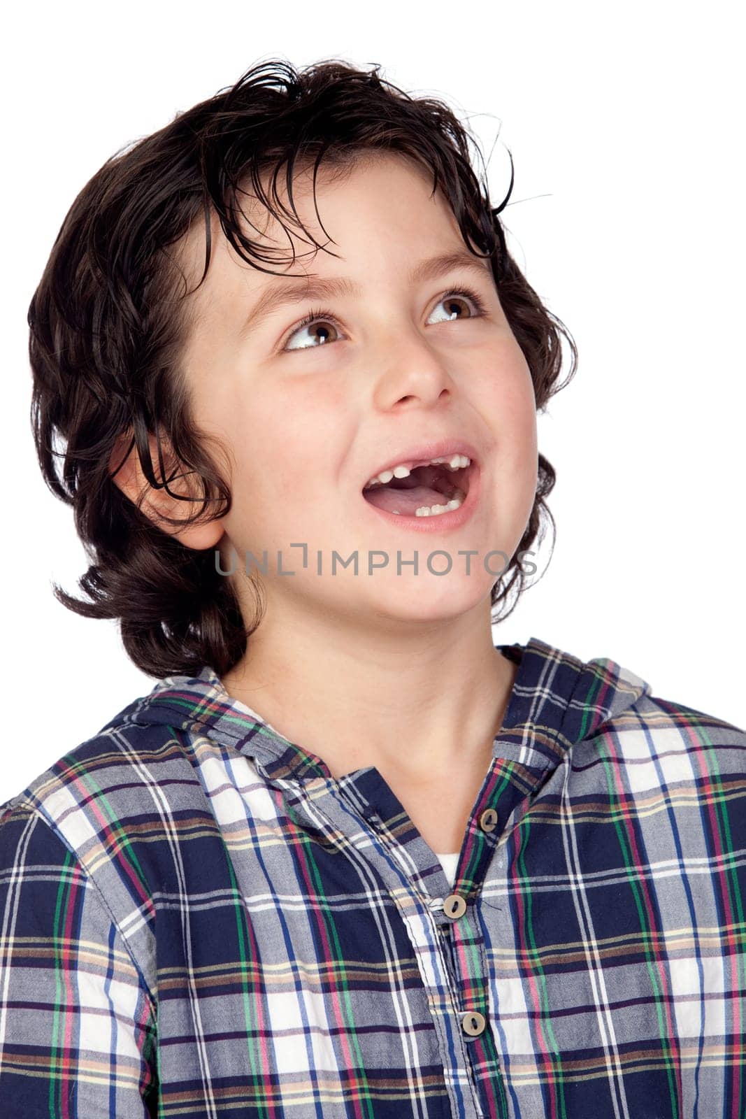 Smiling child without teeth isolated on white background