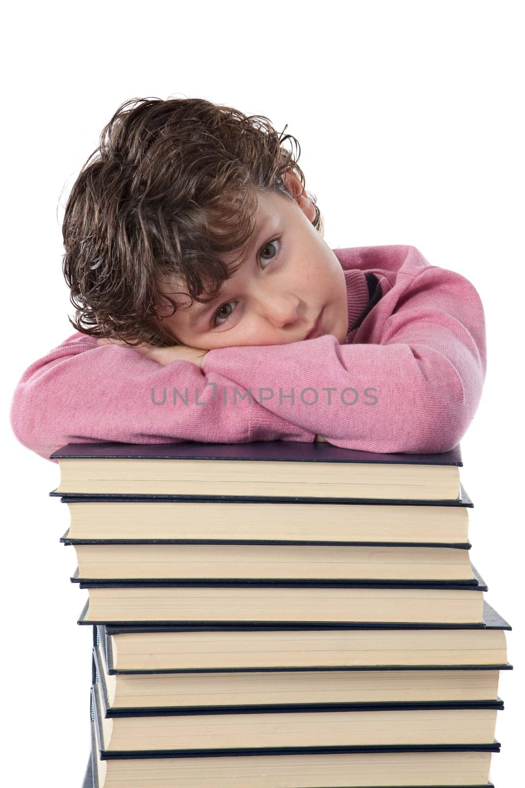 Tired child student on a over white background