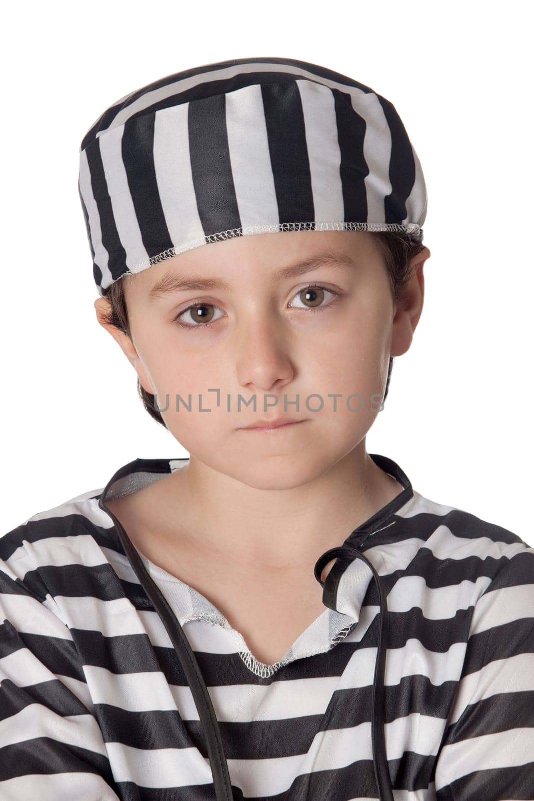 Sad child with prisoner costume isolated on white background
