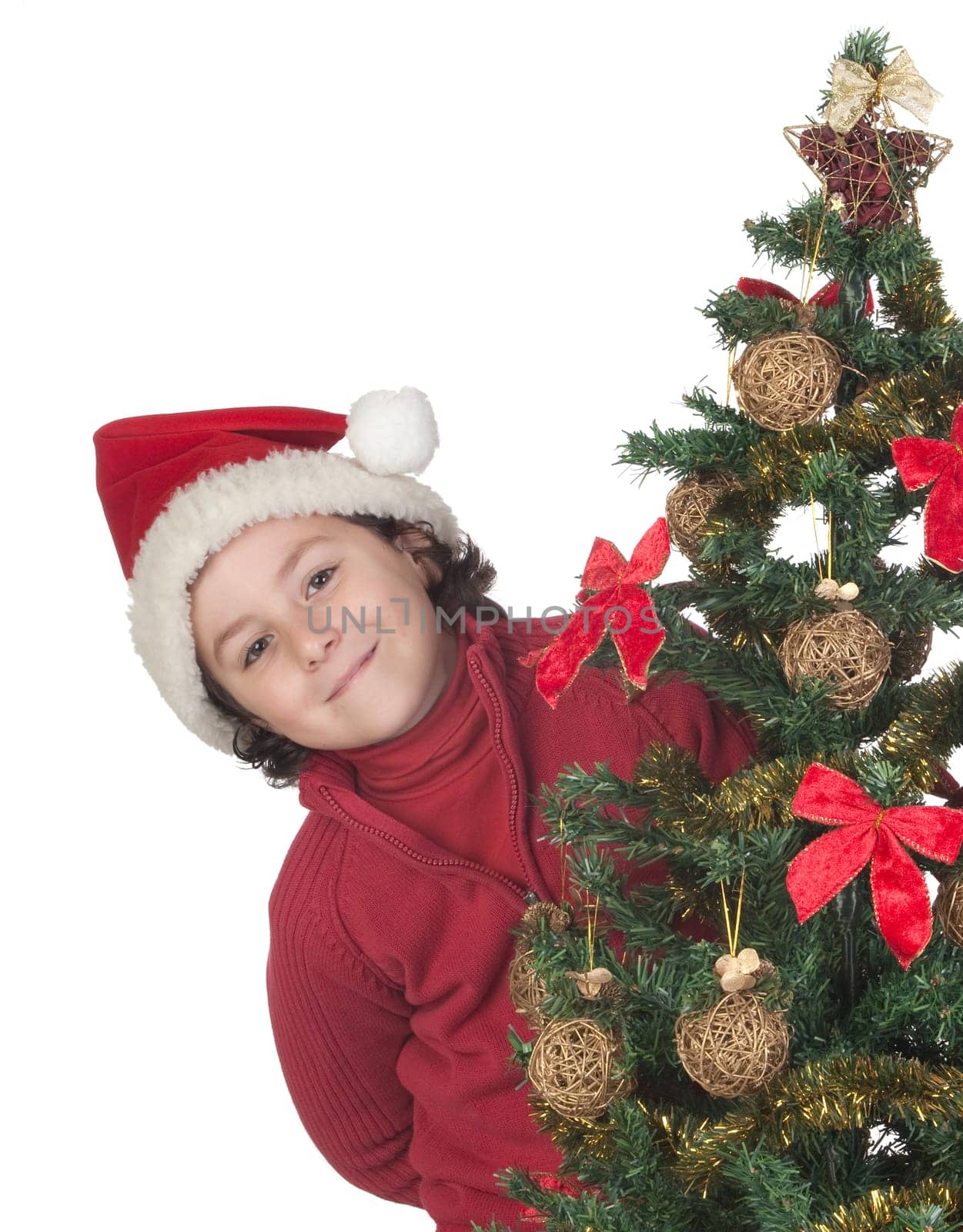 Beautiful child with Christmas trees isolated on white
