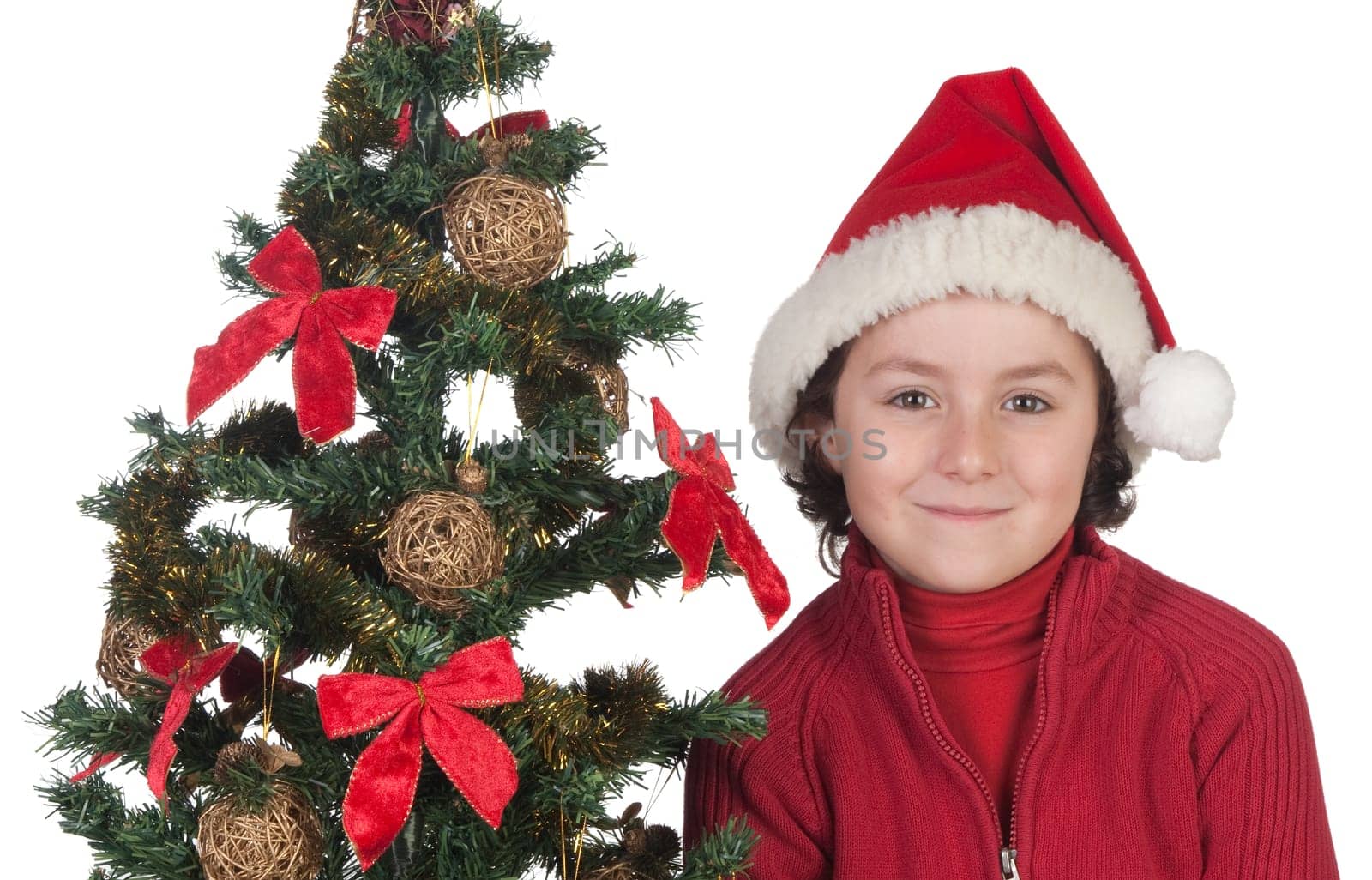 Beautiful child with Christmas trees isolated on white