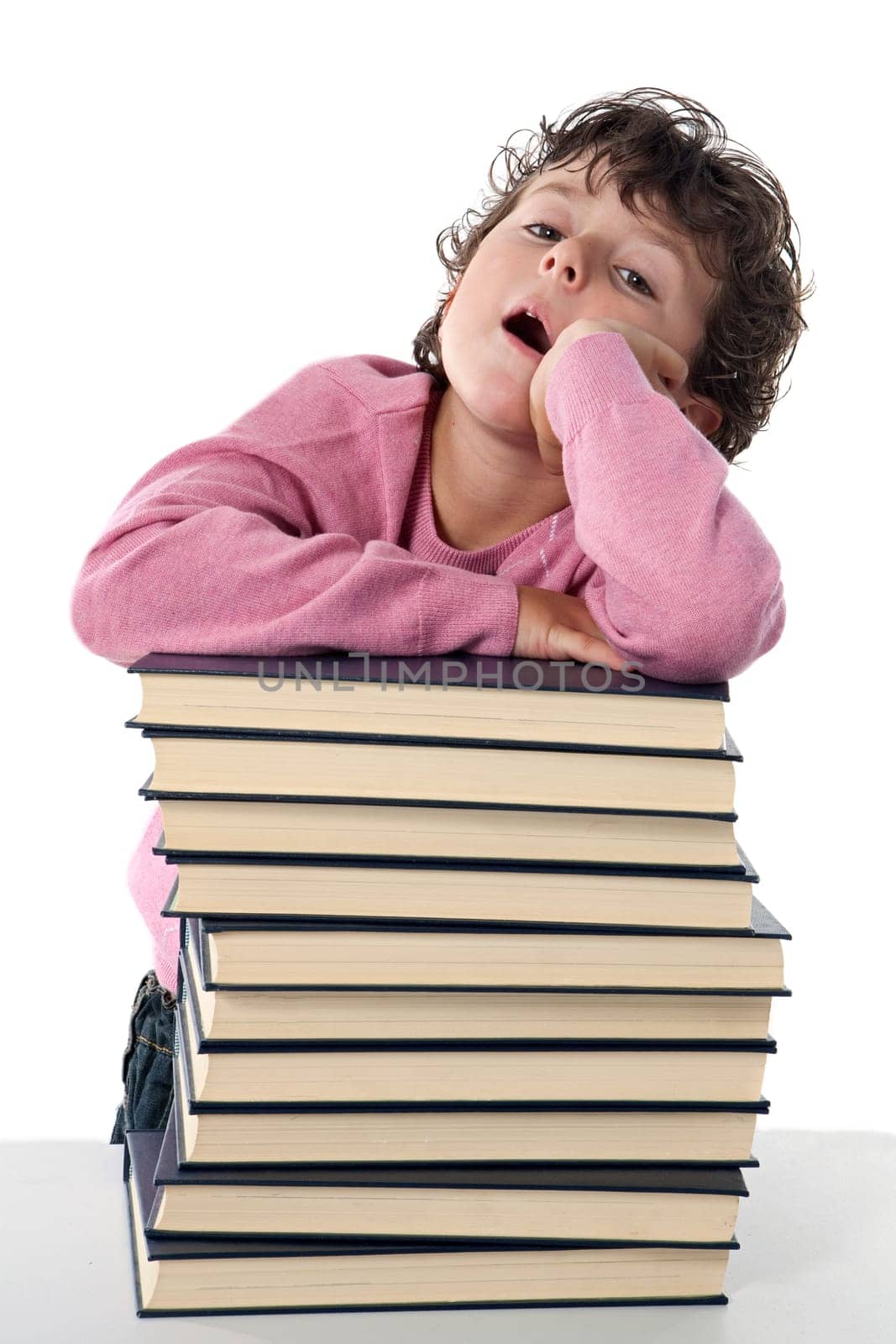 Tired child student on a over white background
