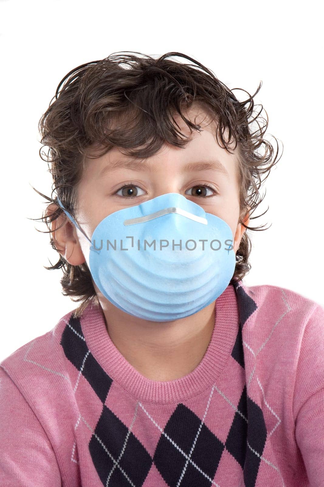 Child infected with influenza A and mask isolated over white