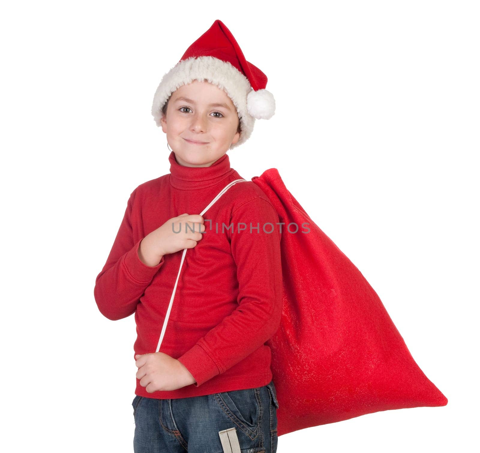 Adorable boy with santa hat isolated on white background