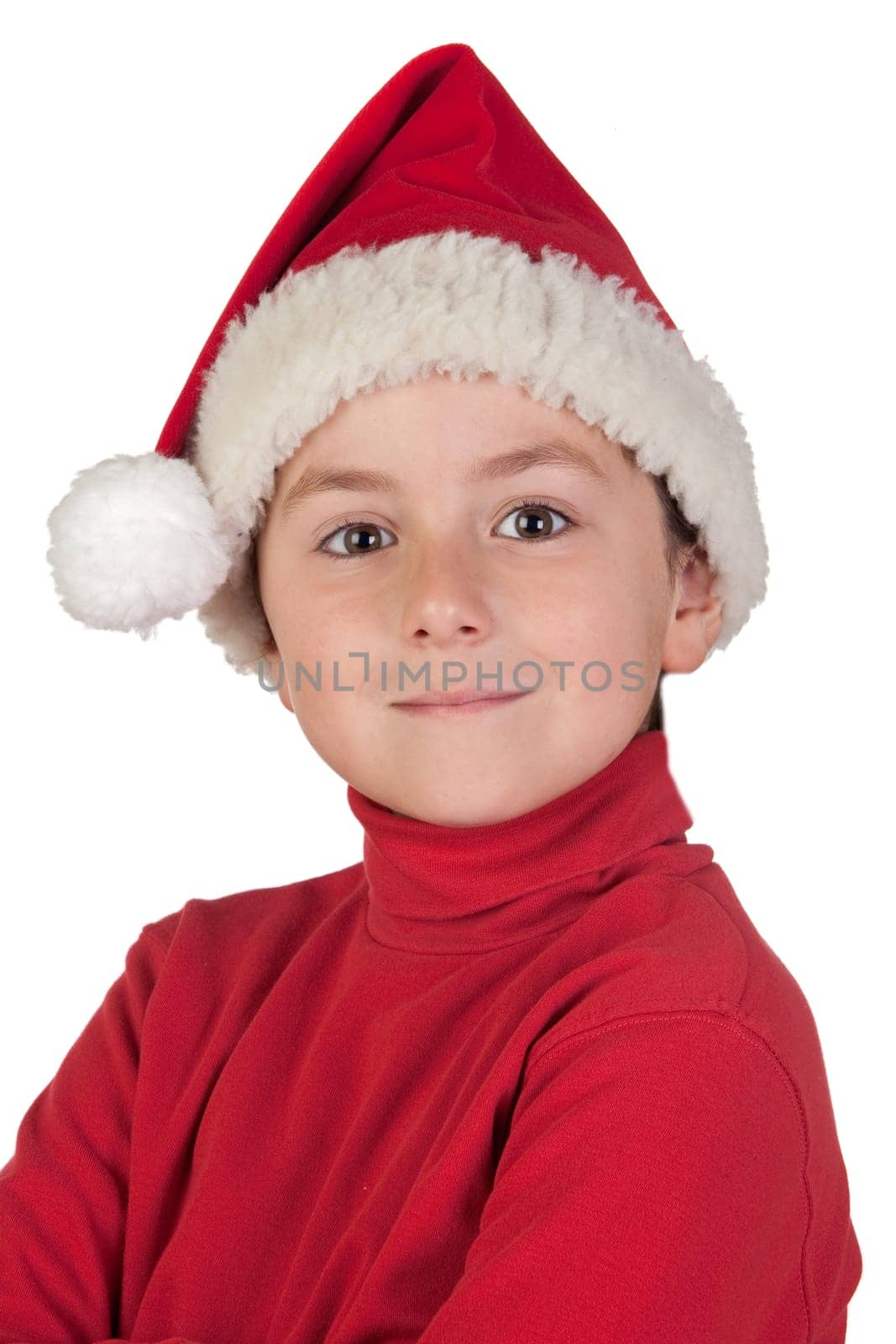 Adorable boy with santa hat isolated on white background