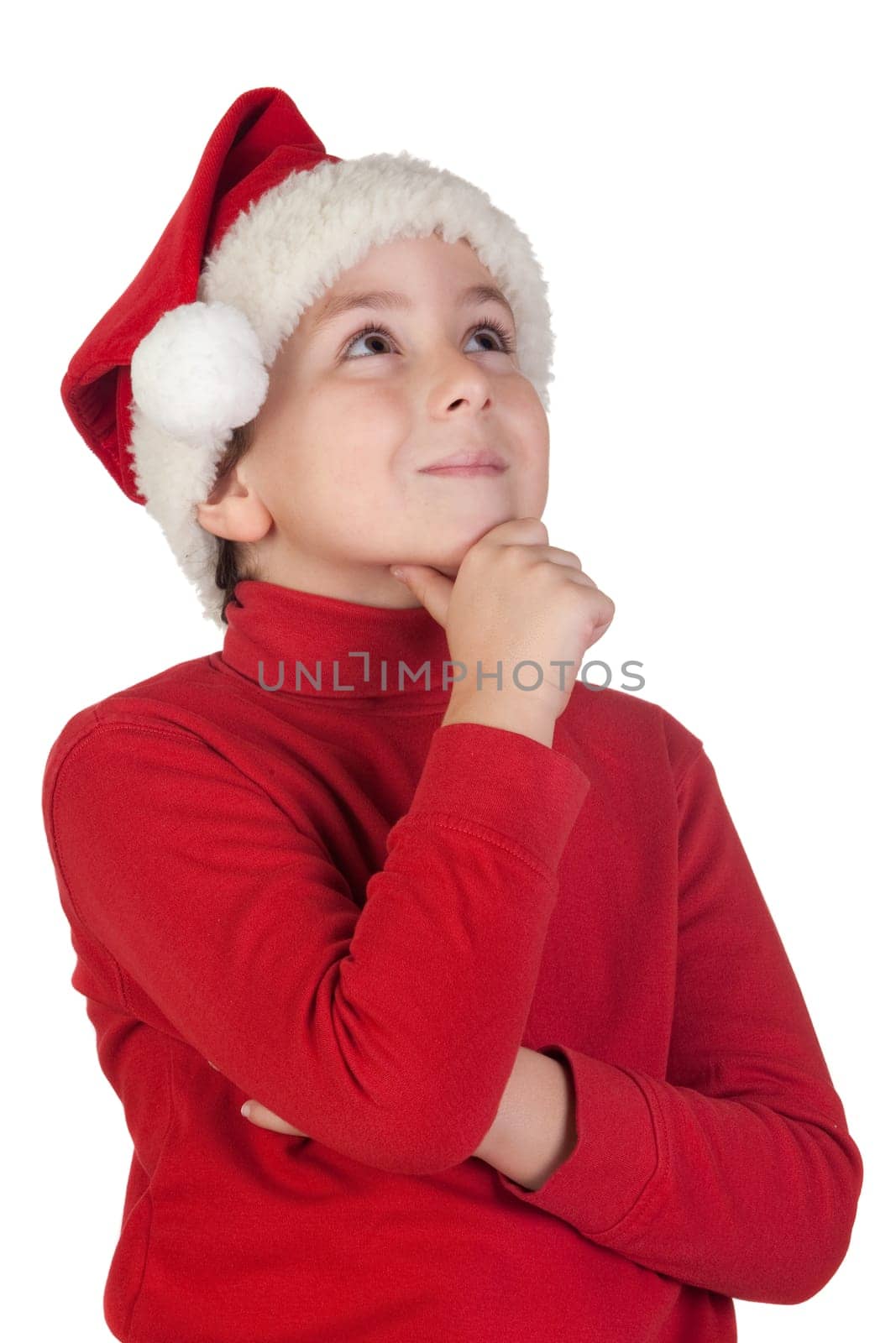 Adorable boy with santa hat isolated thinking on white background