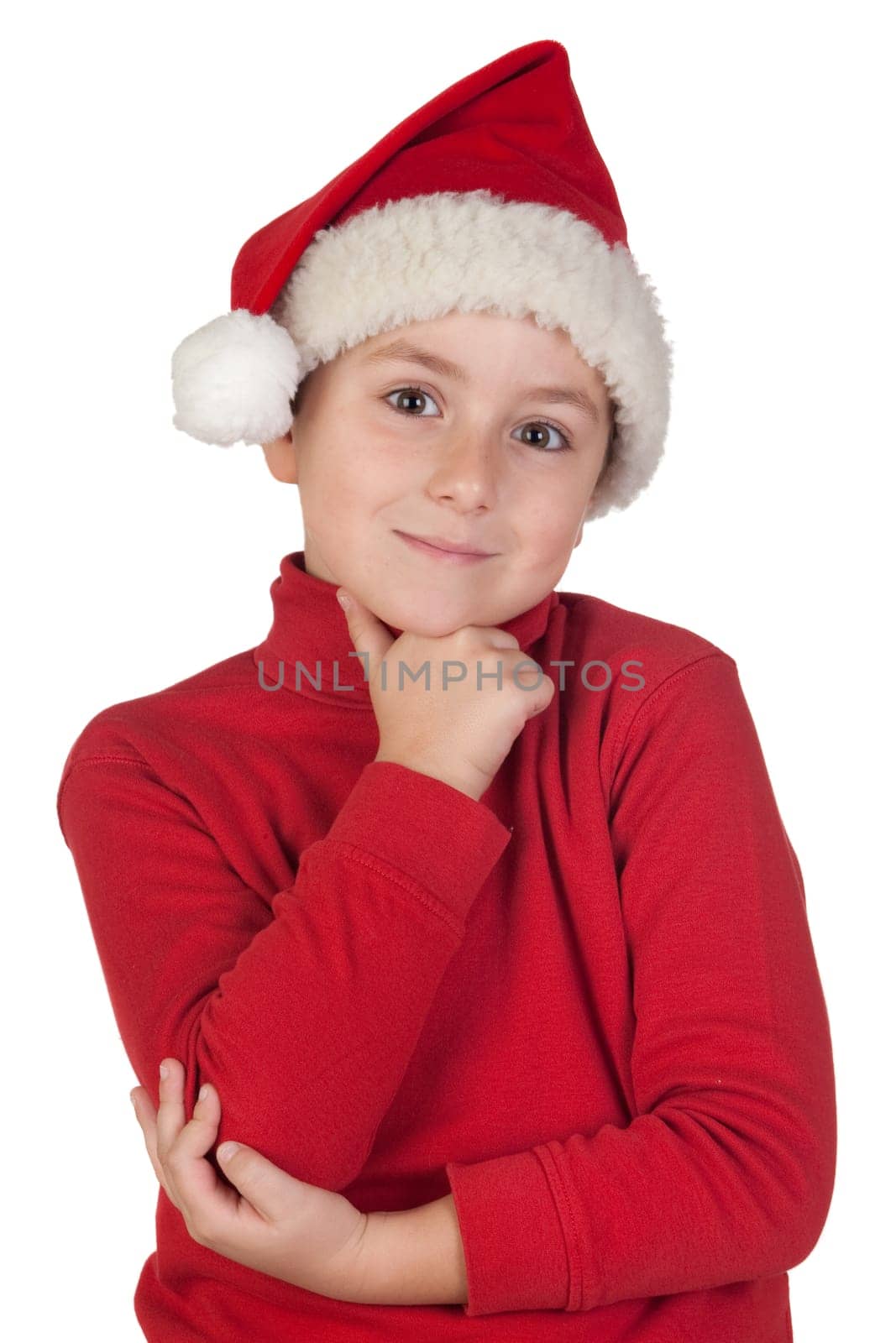 Adorable boy with santa hat isolated thinking on white background