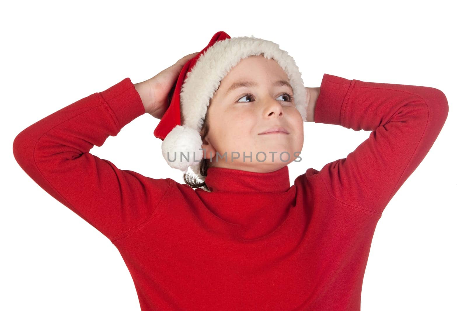 Adorable boy with santa hat isolated on white background