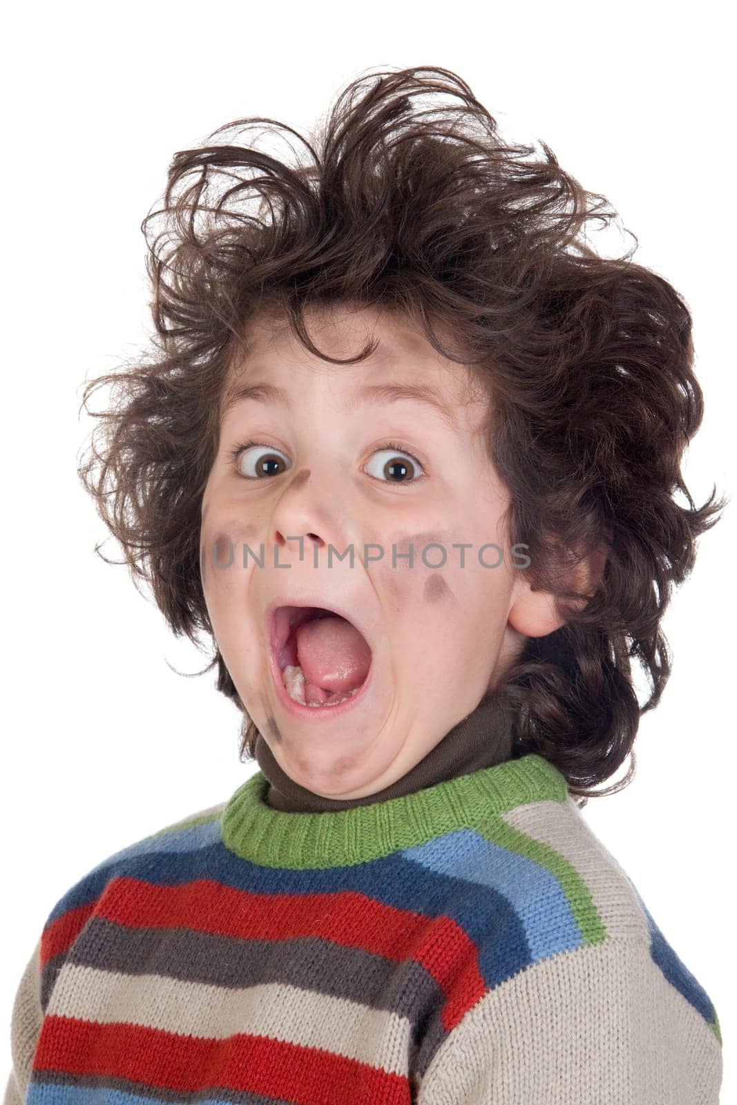 Child plug receiving electric shock isolated on white background
