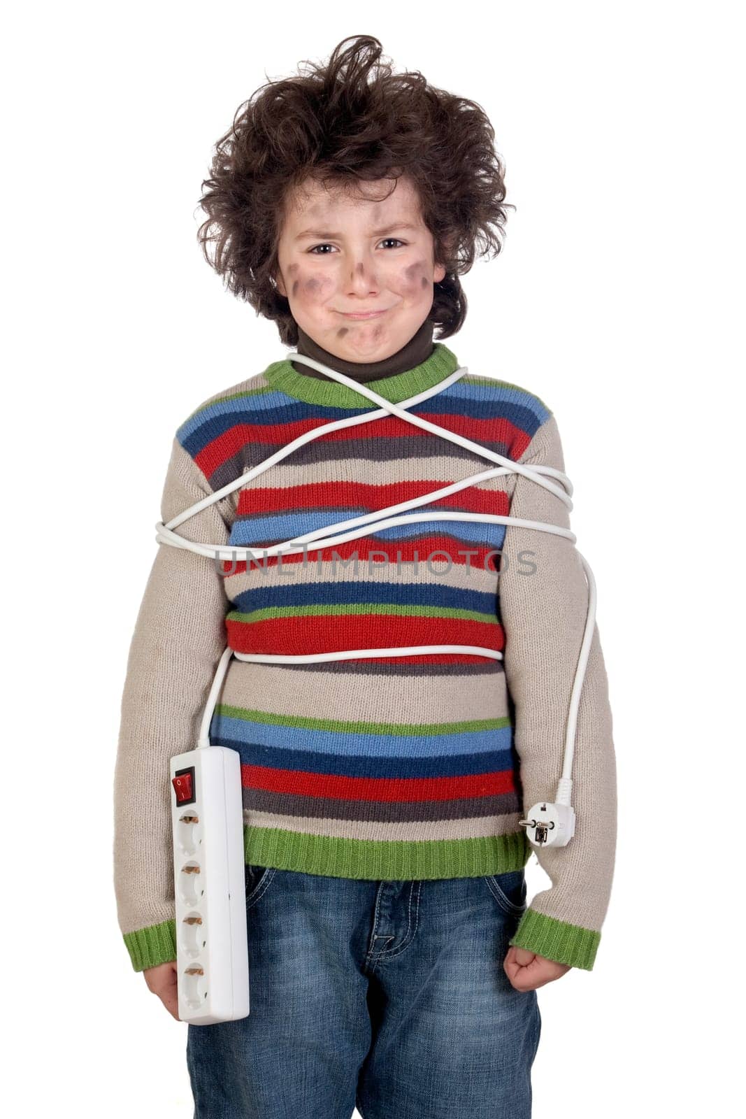 Child plug receiving electric shock isolated on white background