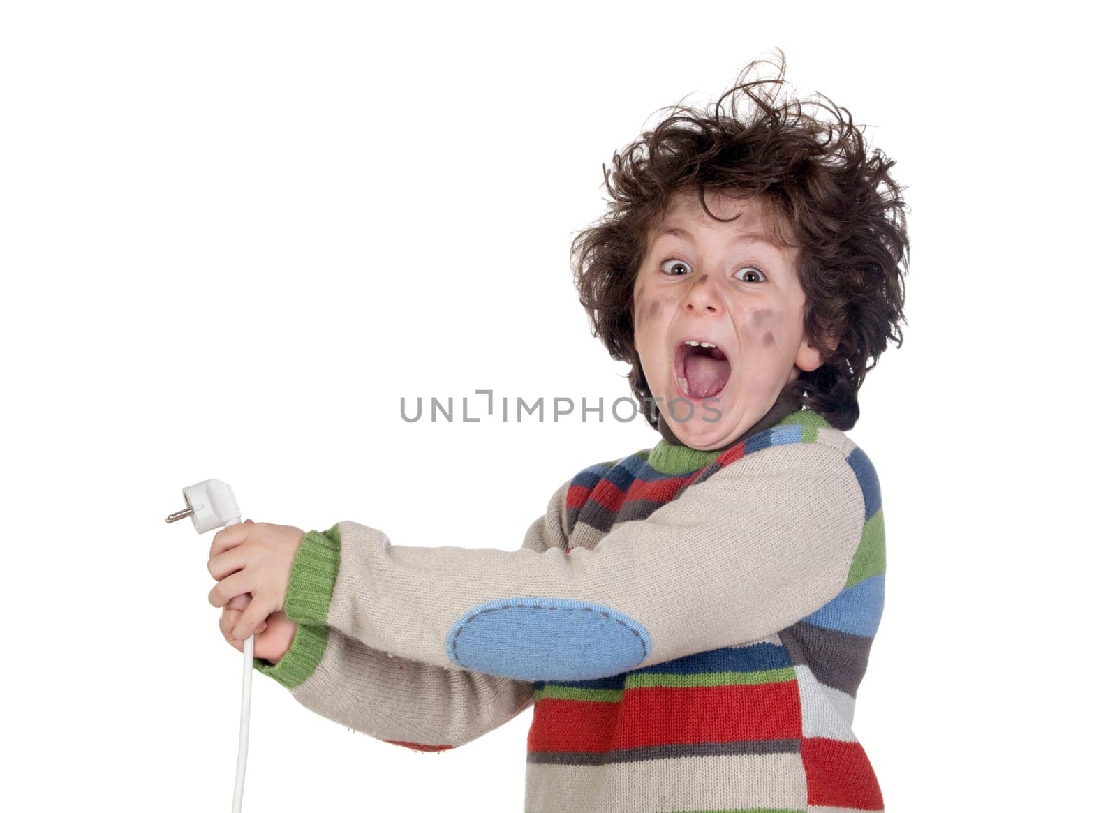 Child plug receiving electric shock isolated on white background