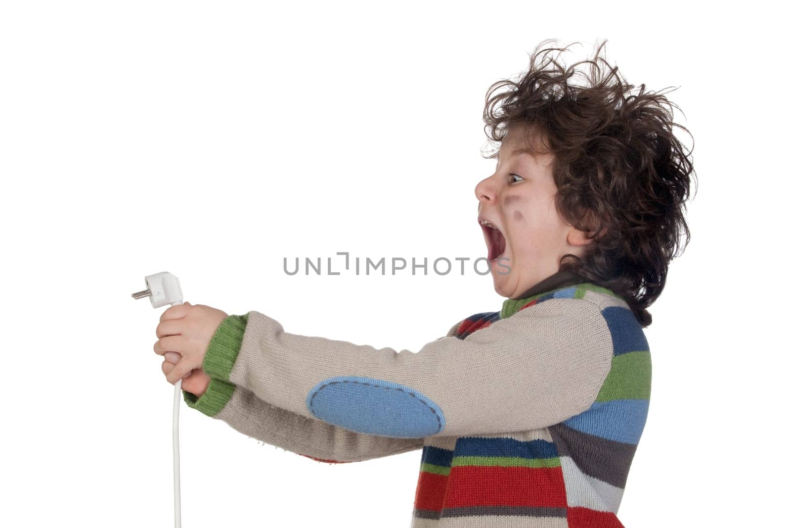 Child plug receiving electric shock isolated on white background