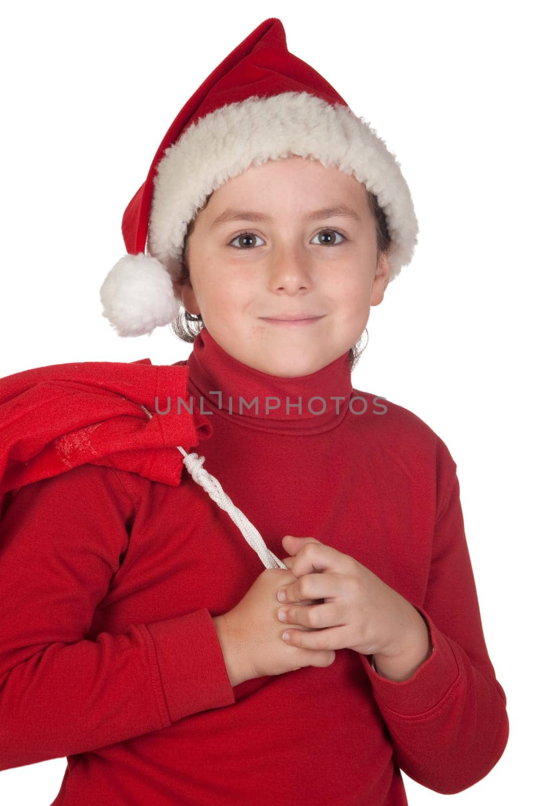 Adorable boy with santa hat isolated on white background