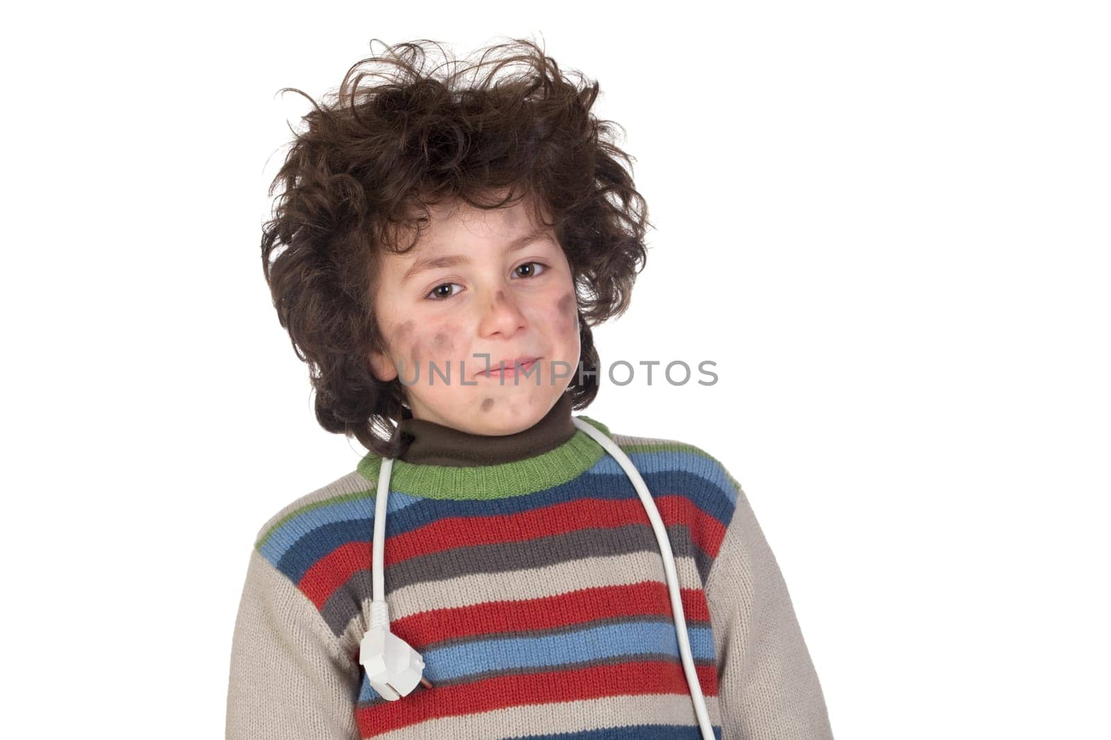 Child plug receiving electric shock isolated on white background