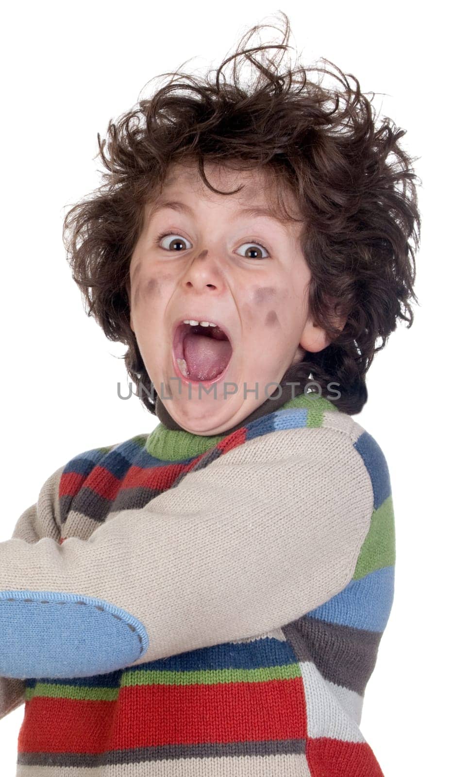Child plug receiving electric shock isolated on white background