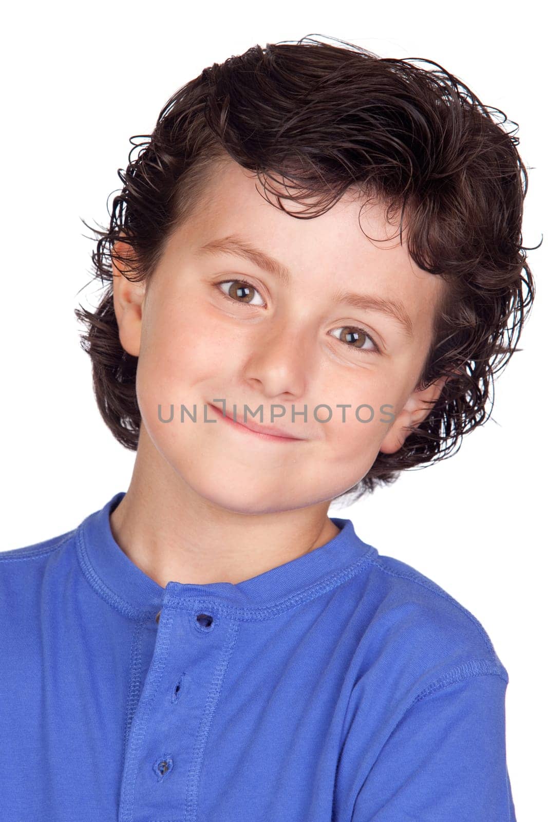 Funny child with blue t-shirt isolated on white background