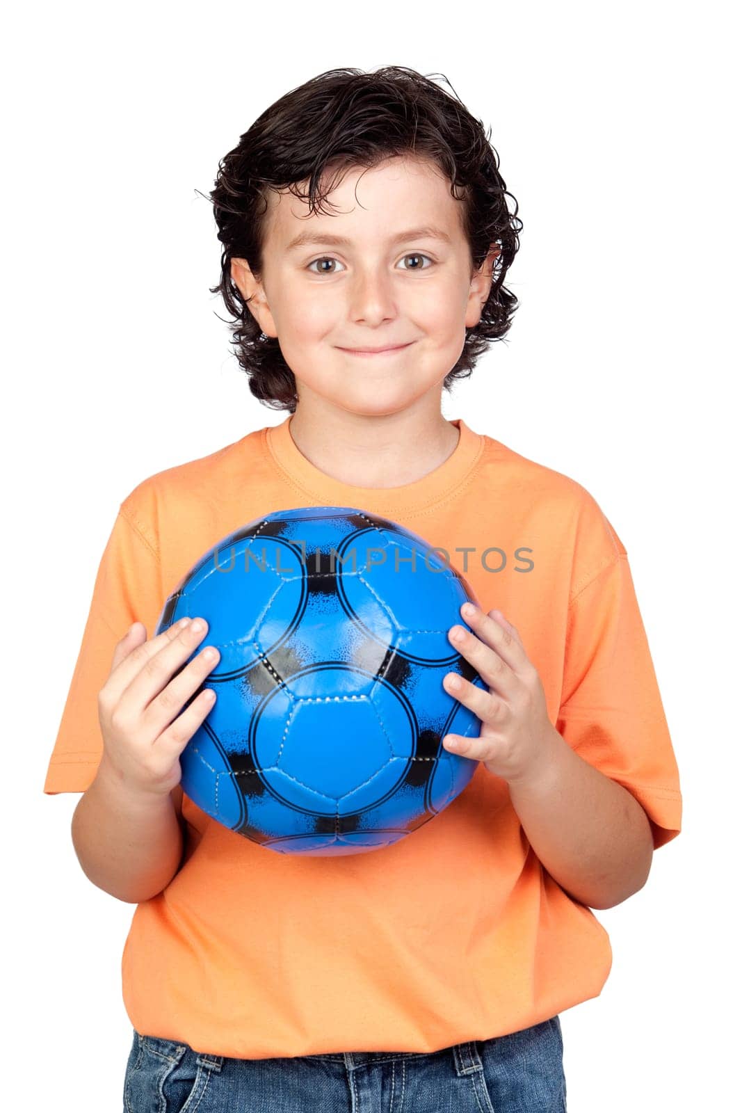 Adorable child with a blue soccer ball isolated on white background