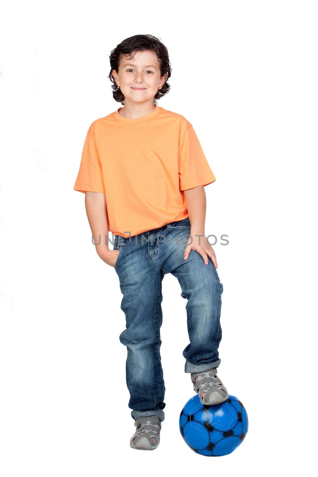Adorable child with a blue soccer ball isolated on white background