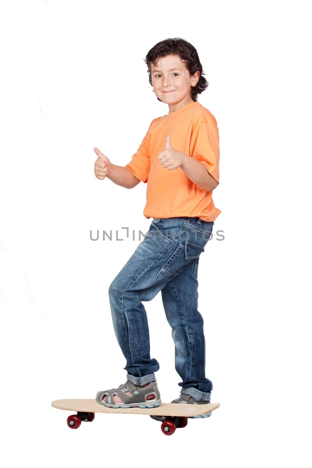 Nice child with wooden skateboard isolated on white background