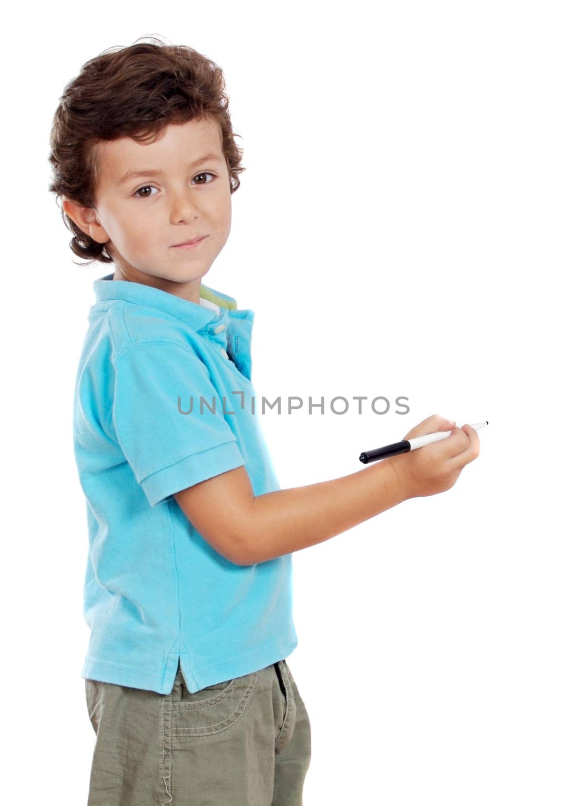 Adorable child student whit a pen isolated on a over white background