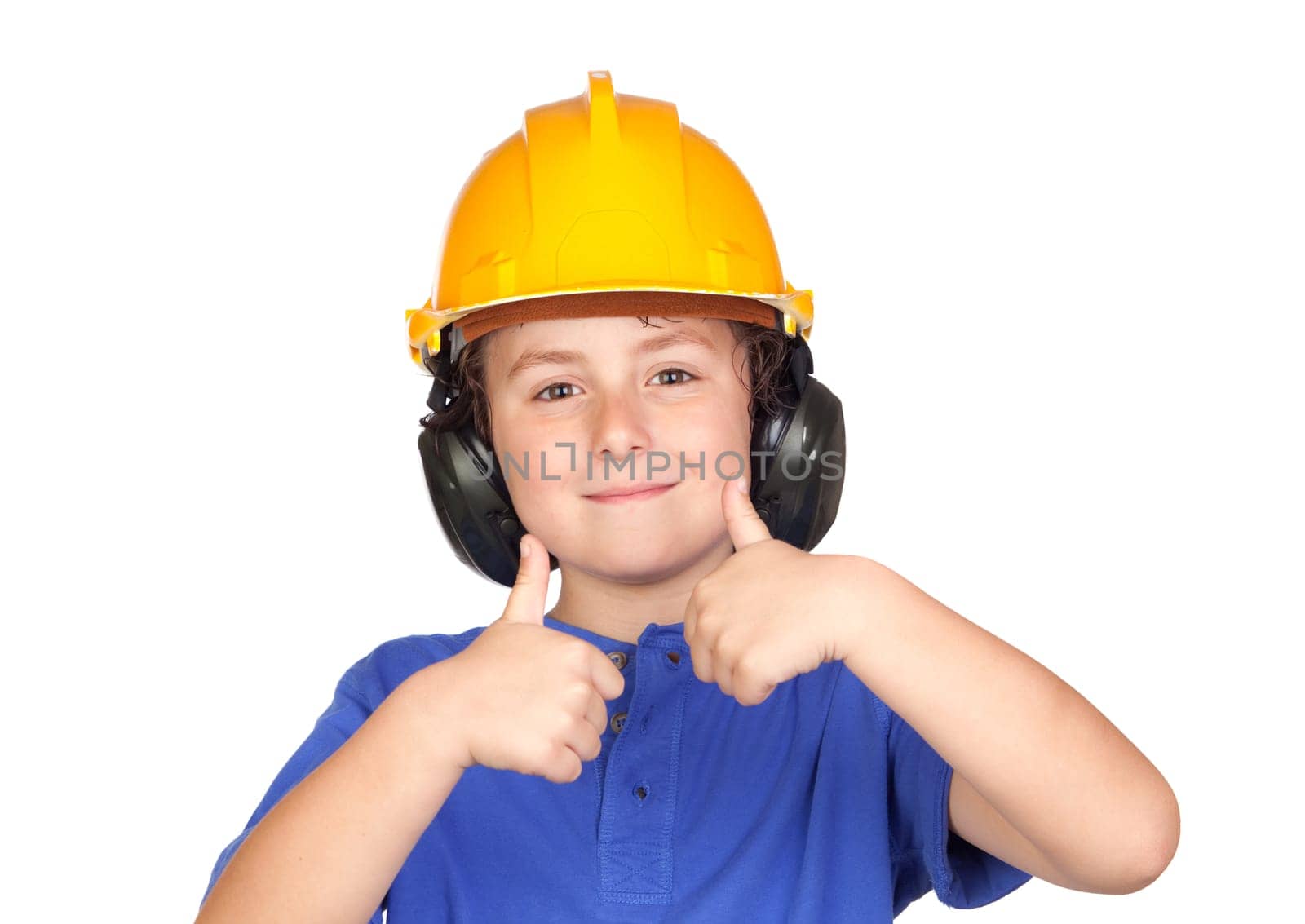 Beautiful child with yellow helmet saying OK isolated on a over white background